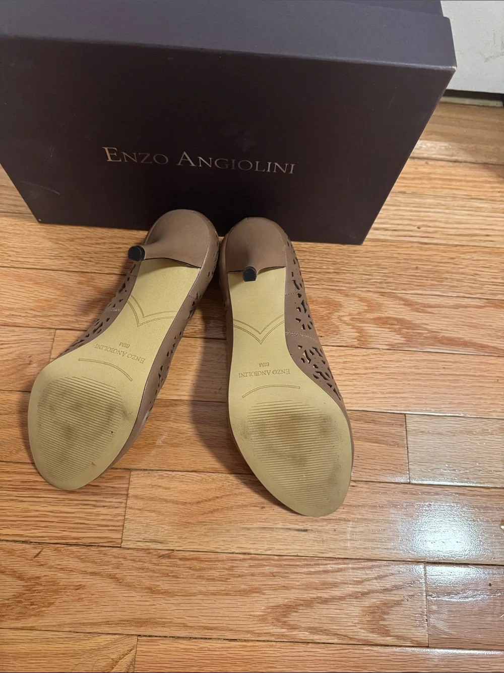 Enzo Angiolini Taupe Laser-Cut Peep-Toe Pumps - Picture 4 of 6